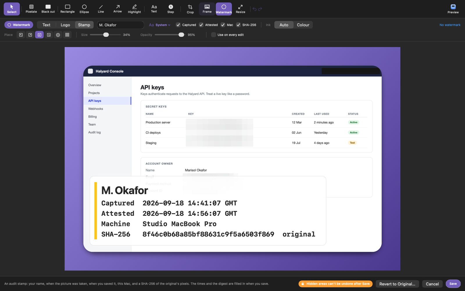 The editor: three API keys pixelated, a lavender frame, and an audit stamp listing captured and attested times, the machine and a SHA-256 digest
