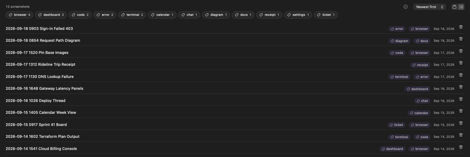 The same folder in list view: twelve date-first names, each with its Finder tags, under a strip of tag counts