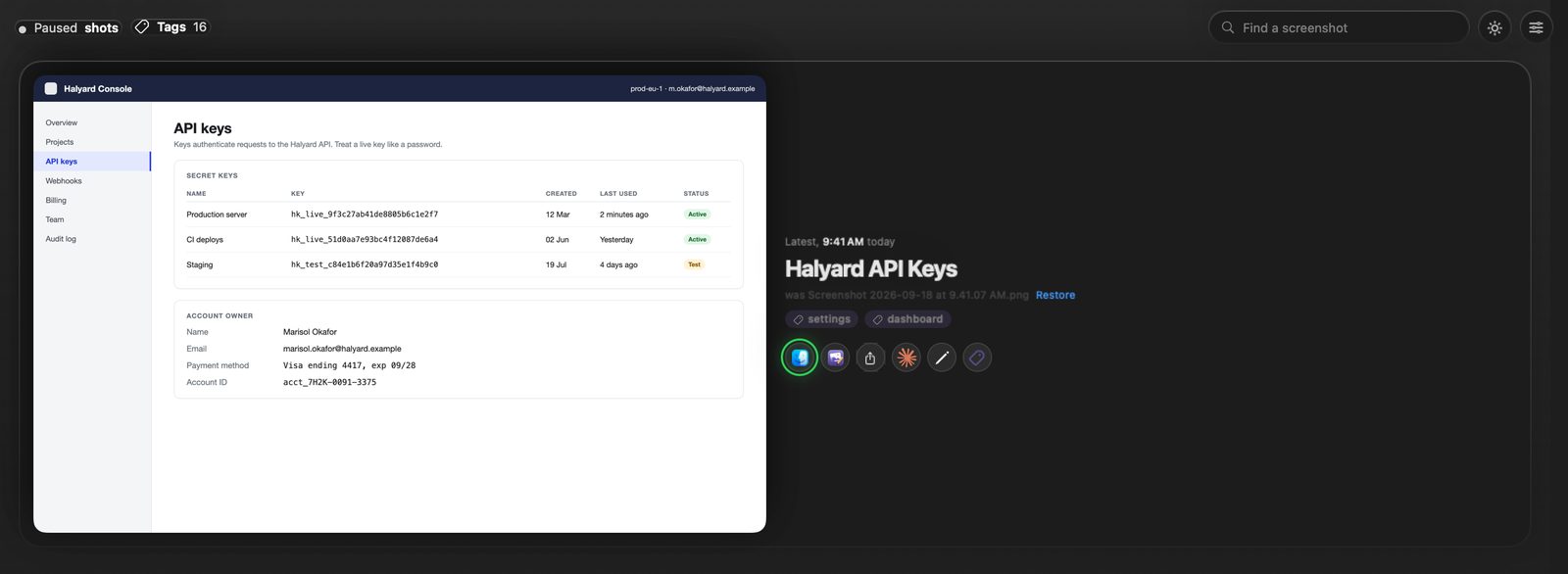 The ShotScribe window: the newest capture renamed to Halyard API Keys, tagged settings and dashboard, with its original name and a Restore link underneath